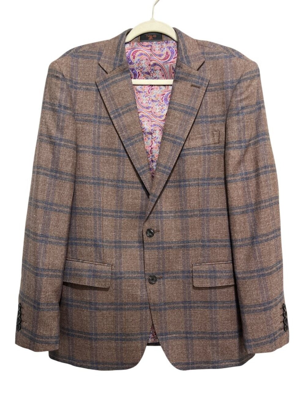 Tiglio Luxe Mens 40R Modern Fit Blazer Dolcetto Jacket Brown Blue Plaid Wool